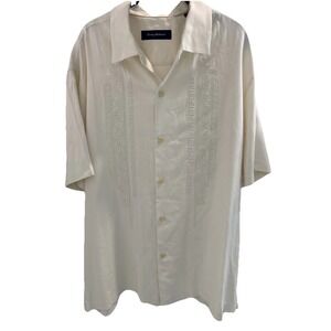 Tommy Bahama Silk Camp Embroidered Shirt XL Cream Guayabera Travel Party Beach